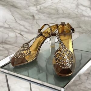 NIB AMANDA Martini Metallic Gold Women’s Shoes Clear Heels Rhinestone Sandals 36
